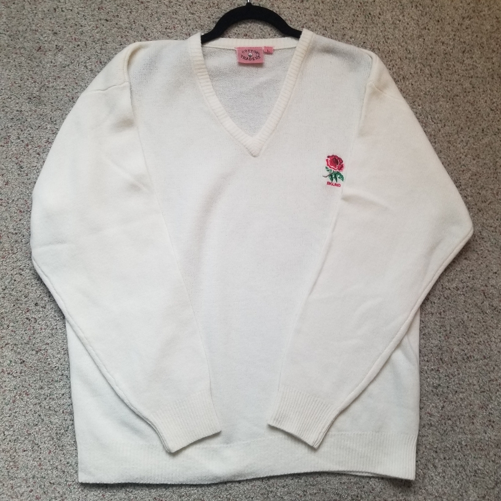 Vintage Wool Rugby Sweater Cotton Traders V-neck England Red Rose Insignia L